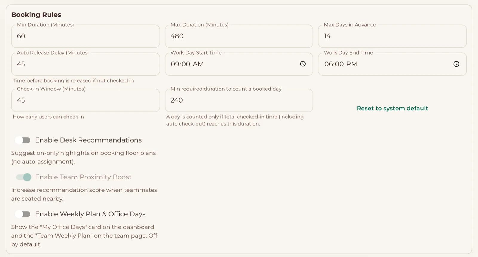 Booking rules screen with booking window, maximum duration and check-in time settings
