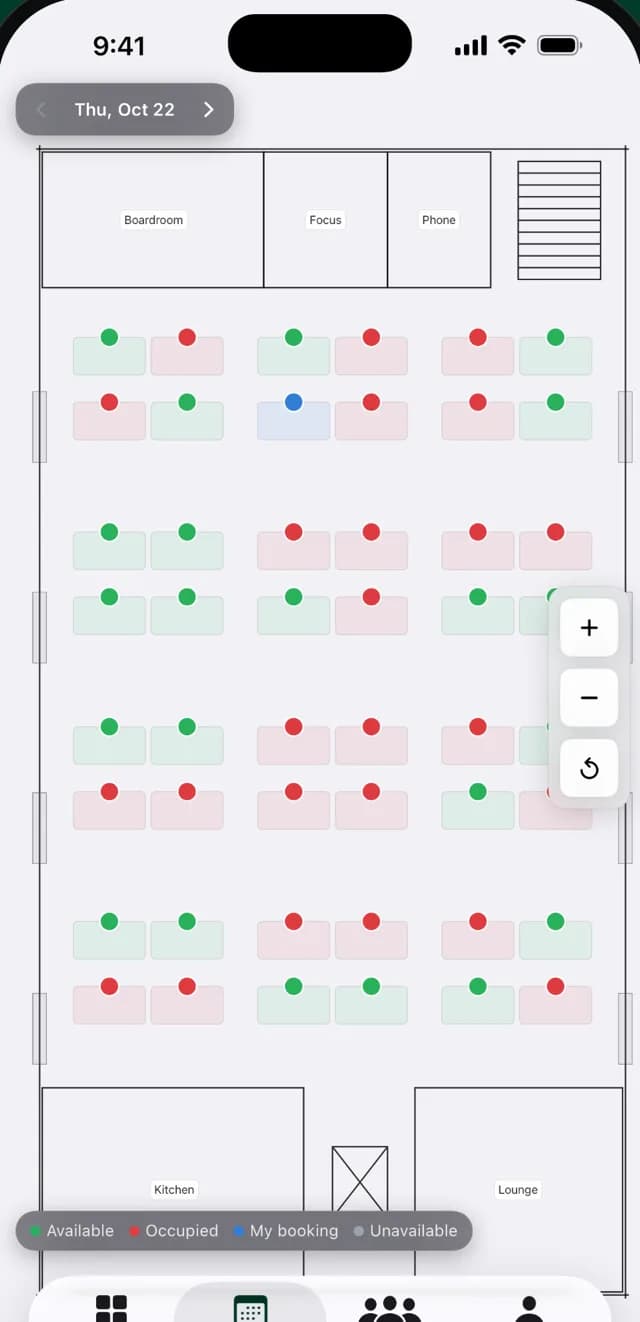 Floor plan on a phone with colleagues' desks highlighted