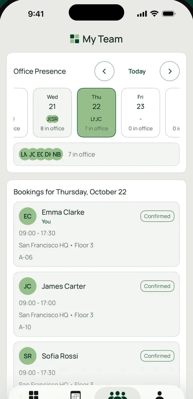 Team view on a phone showing which colleagues are in the office each day