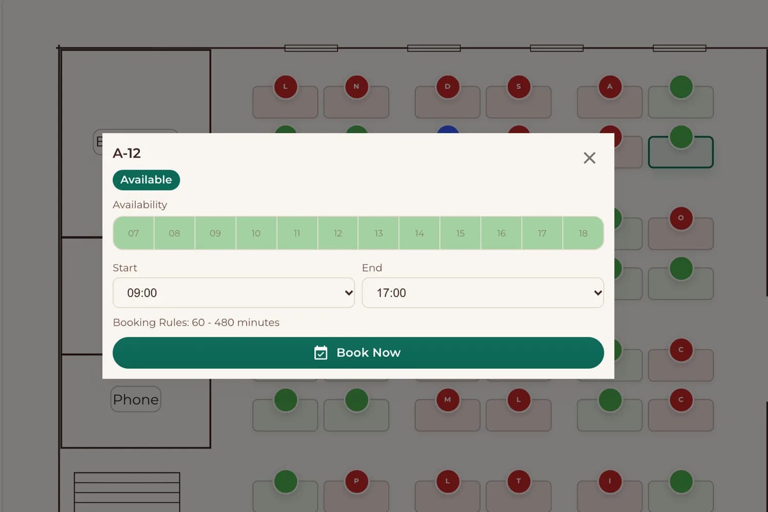 Desk booking sheet for choosing a desk, date and time