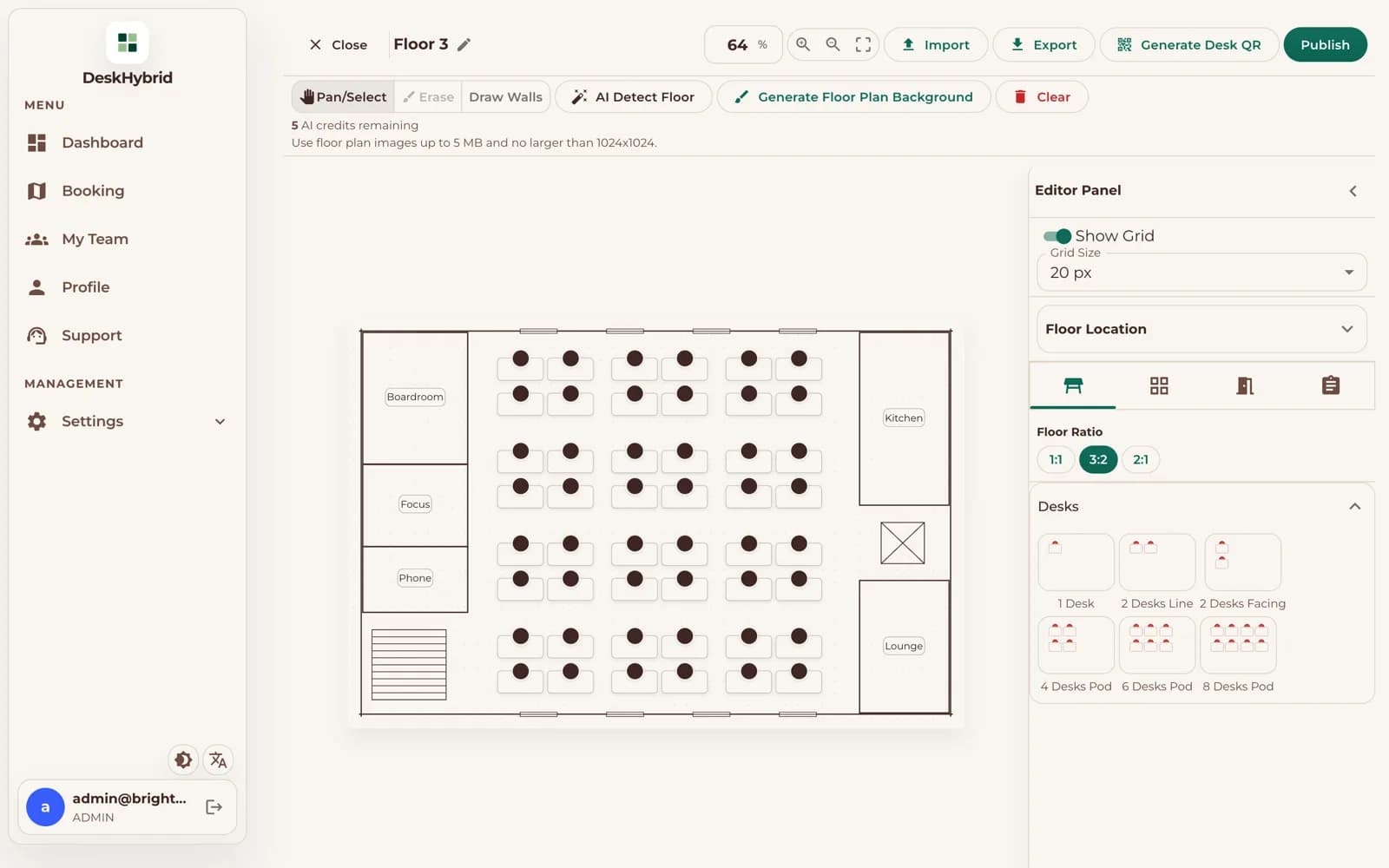 Floor editor with desks placed on an uploaded office plan