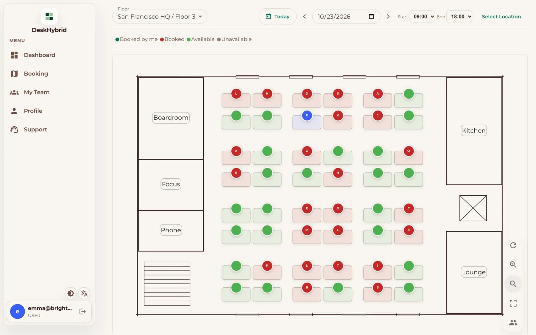 DeskHybrid floor plan showing available and booked desks, next to the phone screen for QR check-in